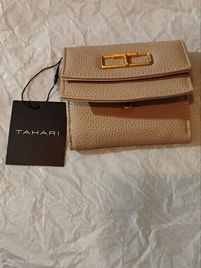 Tahari Taupe Pebbled Foldover Wallet with Gold Hardware